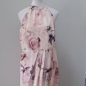 SUZY SHIER Floral Maxi Dress Floral Pink w/ Roses Pleated Crossover Skirt LARGE